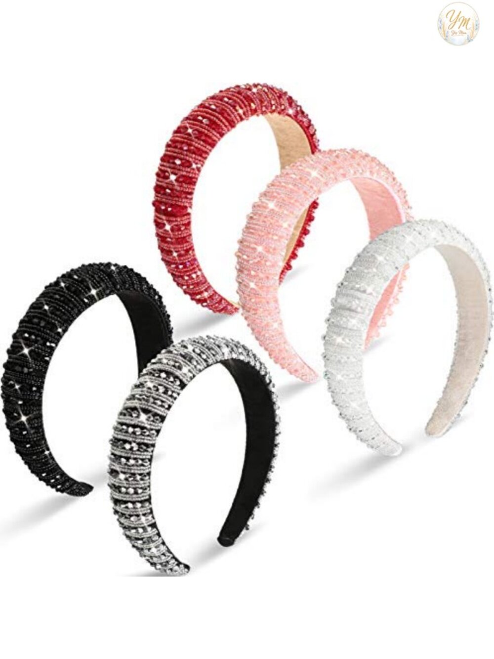Rhinestone Padded Crystal Embellished Headbands Set of 5 for Women